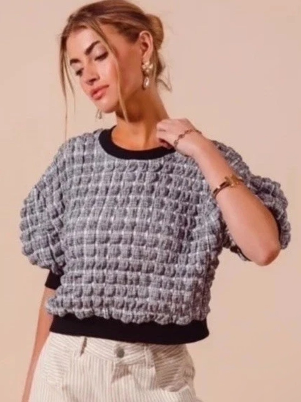 Anthropologie Maeve Gray Bubble Knit Crewneck Blouse with Black Trim
